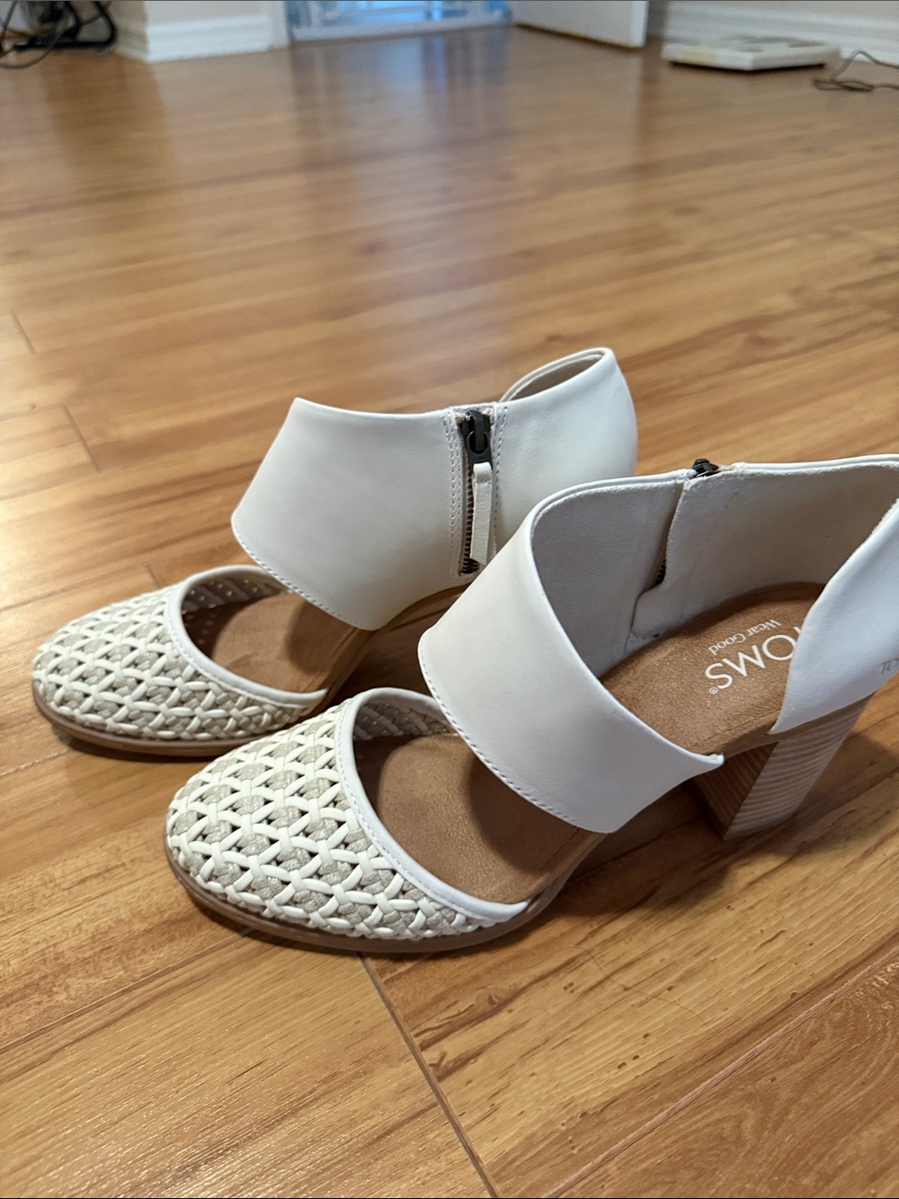TOMS Cream Woven Leather Block Heel Sandals
